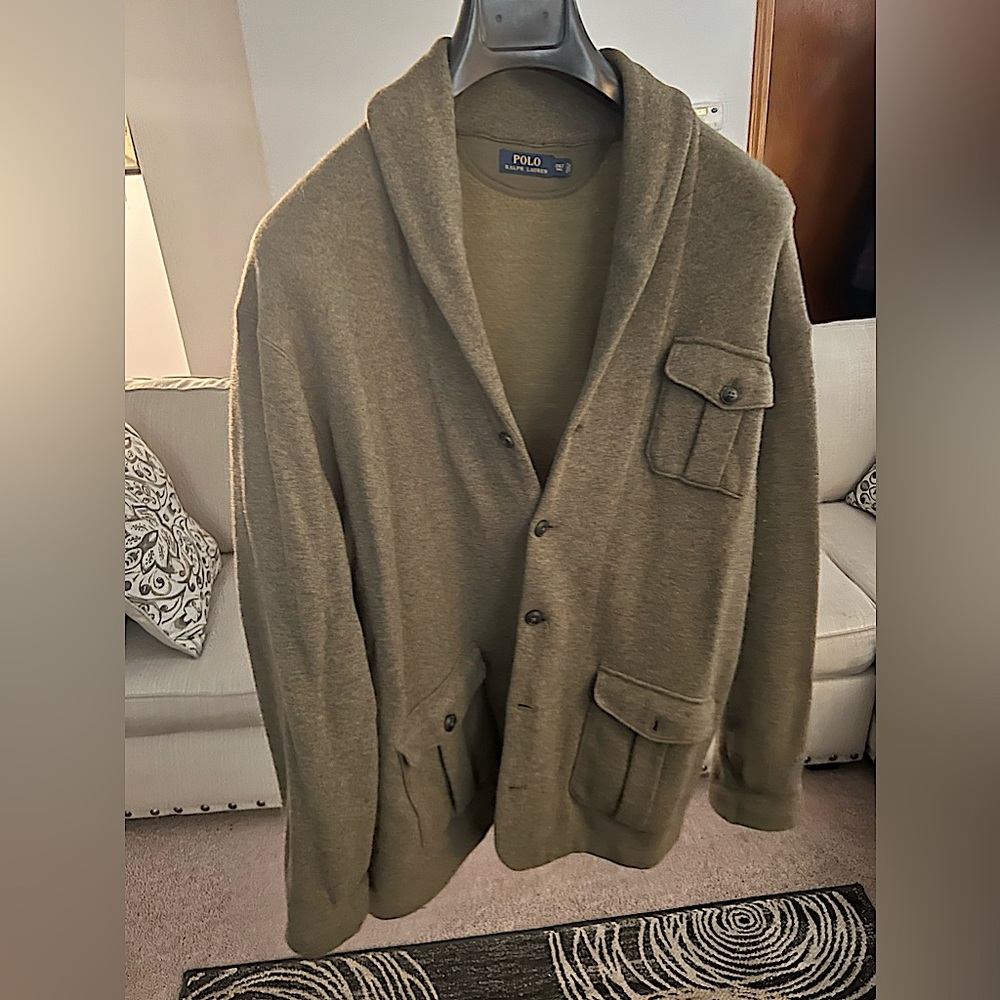 Polo Ralph Lauren Green Herringbone Utility Cardigan Shawl Tweed Sweater